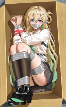absurdres ankle_boots aqua_eyes aqua_hair ass bdsm black_boots black_panties black_skirt black_socks blonde_hair blue_eyes blush bondage boots bound bound_arms bound_legs box collared_shirt ear_piercing earrings from_above full_body gag green_necktie hair_ornament hair_rings hairclip high_heel_boots high_heels highres improvised_gag in_box in_container jewelry kneehighs long_hair long_sleeves looking_at_viewer lying lynae_(wuthering_waves) miniskirt necktie on_back panties piercing pleated_skirt shirt skirt skull_hair_ornament socks tape tape_bondage tape_gag underwear upskirt v-shaped_eyebrows very_long_hair white_shirt wo_cao_xiao wuthering_waves