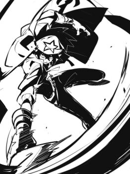 1boy aotu_world bandana chinese_commentary fighting_stance foreshortening gloves greyscale hammer headband high_contrast highres holding holding_hammer holding_weapon hood hood_down hooded_jacket jacket jumping looking_at_viewer mai_nanhai_de_xiao_zongcai male_focus monochrome pants parted_lips pointy_ears print_headband ray_(aotu_world) shirt simple_background smile solo star_(symbol) star_print weapon white_background