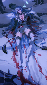 1girl absurdres akame_ga_kill! blue_eyes blue_hair boots breasts chest_tattoo corpse esdeath hair_between_eyes hat highres ice jeff49062 large_breasts long_hair military_uniform peaked_cap rapier skirt solo sword tattoo thighhighs very_long_hair weapon