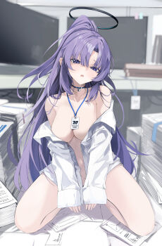 absurdres alternate_costume aqua_halo badge bare_shoulders black_choker black_halo blue_archive breasts choker cleavage collarbone commentary_request fang full_body hair_between_eyes halo head_tilt heart heart_choker highres indoors kooemong large_breasts long_hair long_sleeves looking_at_viewer multicolored_halo naked_shirt navel no_pants off_shoulder on_table open_clothes open_mouth open_shirt purple_eyes purple_hair shirt sidelocks sitting stomach table two-tone_halo wariza white_shirt yuuka_(blue_archive)