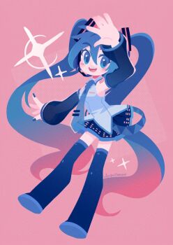 1girl absurdly_long_hair blue_eyes blue_hair boots collared_shirt commentary detached_sleeves full_body gradient_hair hair_ornament hand_up hatsune_miku headset long_hair long_sleeves looking_at_viewer multicolored_hair nail_polish necktie open_mouth pink_background pink_hair pleated_skirt projecttiger shirt skirt sleeveless sleeveless_shirt smile solo sparkle symbol-only_commentary thigh_boots twintails very_long_hair vocaloid