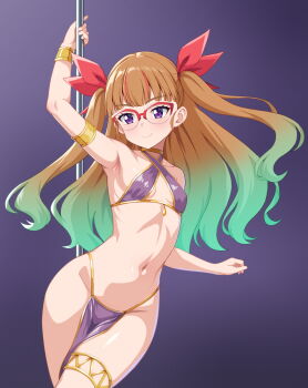 1girl alcmls1230 armlet armpits blush bracelet brown_hair closed_mouth commentary_request flat_chest glasses gradient_hair green_hair groin hair_ribbon harem_outfit jewelry korean_commentary long_hair looking_at_viewer multicolored_hair navel ohdo_yuamu pole_dancing purple_background ribbon semi-rimless_eyewear smile solo stomach thighlet wide_hips yu-gi-oh! yu-gi-oh!_go_rush!!