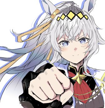 1girl absurdres ahoge animal_ears black_shirt blue_eyes blush brooch closed_mouth commentary_request fist_bump grey_hair grey_leotard hair_between_eyes hair_ornament hair_ribbon highres horse_ears horse_girl jacket jewelry kichi_tik leotard long_hair long_sleeves looking_at_viewer neckerchief oguri_cap_(cinderella_gray)_(umamusume) oguri_cap_(umamusume) ponytail reaching reaching_towards_viewer red_neckerchief ribbon shirt simple_background smile solo star_brooch umamusume umamusume:_cinderella_gray upper_body white_background white_jacket