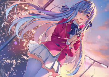 Rule 34 | 1girl, blue hair, collared shirt, dutch angle, hair between eyes, long hair, long sleeves, looking at viewer, official art, open mouth, school uniform, shiina hiyori, shirt, smile, solo, standing, thighhighs, tomose shunsaku, white shirt, wing collar, youkoso jitsuryoku shijou shugi no kyoushitsu e, zettai ryouiki