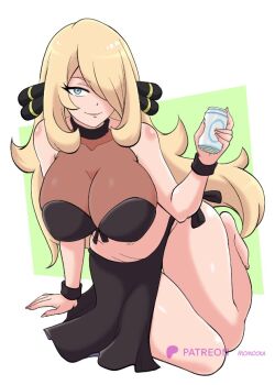 1girl alcohol arm_support barefoot beer beer_can black_shirt black_skirt blonde_hair blue_eyes breasts can cleavage collarbone cynthia_(pokemon) drink drink_can hair_ornament hair_over_one_eye happy_new_year holding holding_can holding_drink large_breasts long_hair looking_at_viewer midriff momocka-art navel new_year nintendo open_mouth pokemon pokemon_dppt shirt side-tie_skirt side_slit sitting skirt sleeveless sleeveless_shirt smile white_background wristband