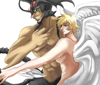 2boys abs androgynous angel antennae asuka_ryou blonde_hair blue_eyes body_markings breasts demon demon_tail demon_wings devilman devilman_(character) fangs feathered_wings feathers fudou_akira head_wings lowres male male_focus male_with_breasts membrane monster monster_boy multiple_boys muscular muscular_male nude satan_(devilman) satan_(mythology) spoilers tagme tail wings