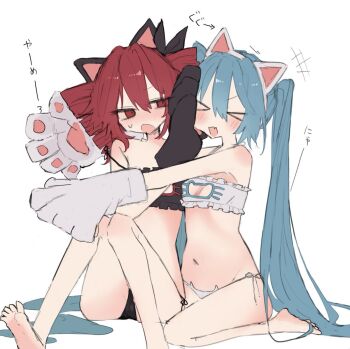 >_< 2girls :d :o animal_ear_hairband animal_ears animal_hands aqua_hair aqua_trim black_bra black_hairband black_panties black_ribbon blush bra breasts cat_cutout cat_ear_hairband cat_ear_panties cat_ears cat_lingerie cat_paws cleavage_cutout clothing_cutout commentary_request drill_hair fake_animal_ears fang frilled_bra frills gloves hair_between_eyes hair_ribbon hairband hatsune_miku hug kasane_teto knees_up lingerie long_hair looking_at_another midriff multiple_girls navel open_mouth panties paw_gloves red_eyes red_hair red_trim ribbon short_hair side-tie_panties simple_background sitting skin_fang small_breasts smile suima_(z50eu) sweatdrop thighs twin_drills twintails underwear utau very_long_hair vocaloid wariza white_background white_bra white_gloves white_hairband white_panties