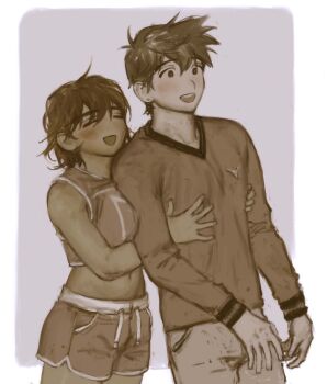 1boy 1girl ^_^ absurdres belly brother_and_sister brown_eyes brown_hair closed_eyes genderswap genderswap_(mtf) hands_on_another&#039;s_chest hero_(faraway)_(omori) hero_(omori) highres holding hug hug_from_behind kel_(faraway)_(omori) kel_(omori) messy_hair omori open_mouth partially_colored r3dhands siblings simple_background v-neck