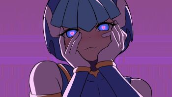 1girl absurdres blue_eyes blue_helmet fairy_leviathan_(mega_man) heart heart-shaped_pupils helmet highres m11xgirby mega_man_(series) mega_man_zero_(series) pink_background smile solo symbol-shaped_pupils upper_body yandere_trance