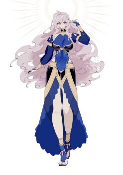 1girl alternate_costume arm_up breasts commentary_request deirdre_(fire_emblem) detached_sleeves fire_emblem fire_emblem:_genealogy_of_the_holy_war full_body highres large_breasts long_hair long_legs negiwo nintendo purple_eyes simple_background solo very_long_hair wavy_hair white_background
