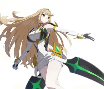 1girl blonde_hair breasts chest_jewel core_crystal_(xenoblade) cowboy_shot dress hashtag-only_commentary highres large_breasts long_hair microdress mythra_(xenoblade) simple_background solo tiara tsukinaga white_background white_dress xenoblade_chronicles_(series) xenoblade_chronicles_2 yellow_eyes