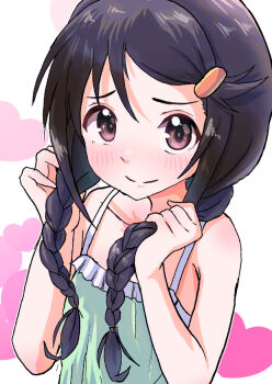 1girl absurdres ahoge armpit_crease bare_arms bare_shoulders black_eyes black_hair blush braid child collarbone curled_fingers female_focus flat_chest grabbing_own_hair hair_between_eyes hair_ornament hairclip hands_up heart heart_background highres holding holding_own_hair idolmaster idolmaster_cinderella_girls long_hair looking_at_viewer matching_hair/eyes miyoshi_sana namco neck nervous_smile nonchan shirt shy sleeveless sleeveless_shirt smile standing swept_bangs tank_top twin_braids upper_body