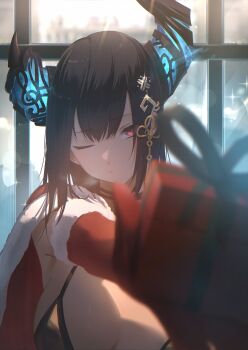 1girl absurdres bikini black_bikini black_hair breasts capelet christmas_present cirkus cleavage closed_mouth demon_horns fur-trimmed_capelet fur-trimmed_gloves fur_trim gift gloves highres holding holding_gift hololive hololive_english horns large_breasts long_hair looking_at_viewer mole mole_under_eye nerissa_ravencroft one_eye_closed red_capelet red_gloves solo swimsuit very_long_hair virtual_youtuber