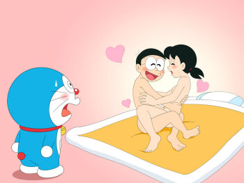 1girl 2boys artist_request doraemon doraemon_(character) heart loli minamoto_shizuka multiple_boys nobi_nobita nude pink_background sex shota simple_background source_request straddling surprised sweat torso_grab vaginal very_sweaty