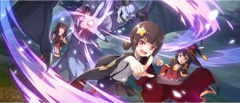 3girls :d arue_(konosuba) belt_collar black_cloak black_hat black_robe black_skirt bow brown_hair child cloak collar collared_shirt demon diagonal-striped_clothes diagonal-striped_necktie dress dress_shirt drill_hair drill_sidelocks eyepatch fang game_cg hair_bow hair_ornament hair_tie hairclip hand_on_own_chin hand_on_own_hip hands_on_own_hips hat highres hood hooded_cloak host_(konosuba) komekko kono_subarashii_sekai_ni_shukufuku_wo! konosuba!_fantastic_days long_hair long_sleeves looking_at_viewer magic megumin miniskirt multiple_girls necktie off_shoulder official_art open_mouth orange_necktie outstretched_arms overcast patchwork_clothes pink_dress pleated_skirt pointing pointing_at_viewer purple_bow red_dress red_eyes red_necktie red_prison_magic_school_uniform robe school_uniform shirt short_dress short_hair short_hair_with_long_locks short_twintails siblings sidelocks sisters skin_fang skirt sky smile star_(symbol) star_hair_ornament striped_clothes stroking_own_chin suspender_skirt suspenders twintails two-tone_necktie white_shirt witch_hat