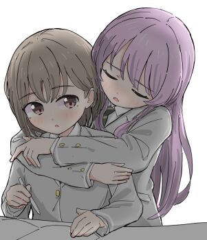 2girls bang_dream! bang_dream!_it&#039;s_mygo!!!!! blush chihaya_anon closed_eyes commentary_request fang grey_hair grey_jacket haneoka_school_uniform holding holding_pen hug hug_from_behind jacket multiple_girls parted_lips pen pink_eyes pink_hair school_uniform short_hair simple_background skin_fang takamatsu_tomori tazaki_masanobu white_background yuri