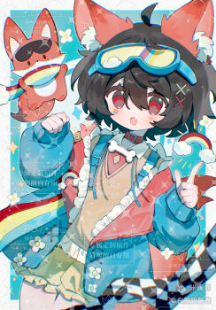 1girl :d ahoge animal_ear_fluff animal_ears bai_xiong_nailaojuan black_hair blue_background blue_jacket blush border brown_shirt choker collared_shirt cowboy_shot double-parted_bangs fang fox_ears fox_girl fox_tail goggles goggles_on_head green_shorts hair_between_eyes hair_ornament hands_up highres jacket long_sleeves looking_at_viewer open_clothes open_jacket open_mouth original outside_border red_choker red_eyes shirt short_hair shorts skin_fang smile solo tail too_many_watermarks watermark white_border x_hair_ornament