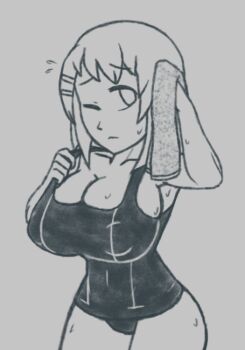1girl armpit_peek azugarosu breasts cleavage closed_mouth collarbone covered_erect_nipples greyscale hair_ornament hairclip hirasawa_yui holding holding_towel huge_breasts k-on! looking_to_the_side monochrome one-piece_swimsuit one_eye_closed short_hair sketch skindentation solo sweat swimsuit thighs towel