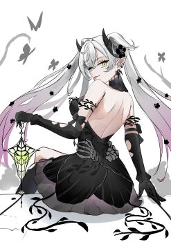 1girl absurdres back bare_shoulders black_dress black_hands black_thighhighs breasts bug butterfly colored_extremities crossed_bangs demon_girl demon_horns detached_sleeves dress earrings fate/grand_order fate_(series) green_eyes grey_hair hair_between_eyes hashtag-only_commentary highres horns insect jewelry lantern lilith_(celebratory_attire)_(fate) lilith_(fate) long_hair looking_at_viewer looking_back medium_breasts pointy_ears short_dress single_thighhigh sitting smile solo thighhighs thighs tongue tongue_out very_long_hair yugusan5