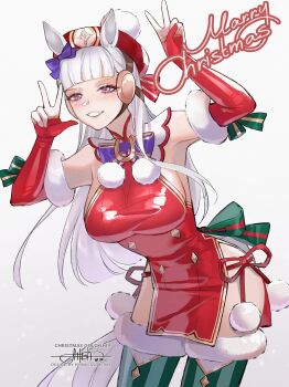 animal_ears blunt_bangs bow breasts commentary dress ear_bow elbow_gloves english_commentary fur-trimmed_thighhighs fur_trim gloves gold_ship_(umamusume) green_bow green_thighhighs grey_hair grin hat highres horse_ears horse_girl horse_tail large_breasts long_hair looking_at_viewer open_mouth princess_ailish purple_bow purple_eyes red_dress red_gloves santa_costume santa_dress sleeveless sleeveless_dress smile solo tail teeth thighhighs umamusume