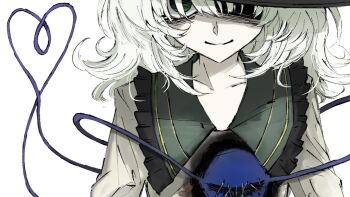 1girl aizettonagi bags_under_eyes black_hat eyeball frilled_shirt_collar frills green_eyes hat heart heart_of_string komeiji_koishi one_eye_covered shirt smile stitched_eye stitches third_eye touhou white_background white_hair yellow_shirt