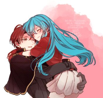 Rule 34 | 1boy, 1girl, 2025, aqua hair, arm around another's waist, arms around neck, black capelet, black shirt, blush, capelet, closed eyes, closed mouth, commentary request, couple, eirika (fire emblem), fire emblem, fire emblem: the sacred stones, gloves, hand on another's ass, hetero, high collar, long hair, long sleeves, miniskirt, nintendo, one eye closed, open mouth, pink background, red eyes, red gloves, red hair, red shirt, sayu030b, seth (fire emblem), shirt, short hair, short sleeves, skirt, twitter username, two-tone background, watermark, white background, white skirt