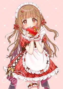 Rule 34 | 1girl, apron, blunt bangs, blush, bow, box, brown eyes, brown hair, commentary, cowboy shot, dot nose, dress, frilled apron, frilled dress, frilled thigh strap, frilled wrist cuffs, frills, hair bow, hair ornament, hairclip, heart, heart-shaped box, heart hair ornament, holding, holding box, idolmaster, idolmaster cinderella girls, long hair, looking at viewer, maid headdress, oonishi nishio, open mouth, pink background, pink bow, plaid bow, plaid clothes, plaid dress, pleated dress, red bow, red dress, short sleeves, solo, thigh strap, two side up, untranslatable commentary, valentine, white apron, wrist cuffs, yellow bow, yorita yoshino