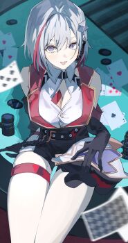 1girl absurdres blue_eyes breasts card colored_inner_hair earpiece highres honkai:_star_rail honkai_(series) large_breasts mole mole_on_thigh multicolored_hair numby_(honkai:_star_rail) open_mouth playing_card poker_chip poker_table red_hair ren_(renjiyu) short_hair table thigh_strap thighs ticket topaz_(honkai:_star_rail) trotter_(honkai:_star_rail) white_hair