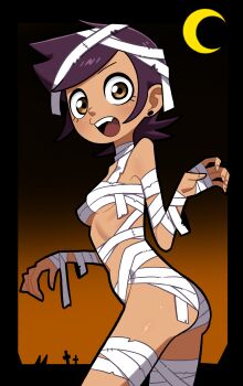 1girl absurdres ass bandages breasts brown_hair crescent_moon dark-skinned_female dark_skin eyelashes fang halloween halloween_costume highres luz_noceda moon mummy_costume n_k_m naked_bandage night open_mouth solo the_owl_house thighs tombstone underboob