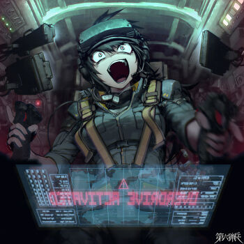 1girl aqua_eyes black_hair black_shirt breasts cockpit controller copyright_name dairoku_ryouhei dog_tags english_text grey_jacket headset hetza_(hellshock) jacket joystick large_breasts long_hair open_mouth piloting science_fiction screen seatbelt shirt sitting sleeves_rolled_up smile solo teeth upper_body