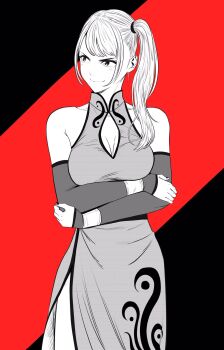 1girl breasts china_dress chinese_clothes cleavage cleavage_cutout clothing_cutout commentary_request cowboy_shot detached_sleeves dress greyscale_with_colored_background highres large_breasts lee_(dragon_garou) looking_to_the_side original red_background side_ponytail sidelocks sleeves_past_wrists slit_pupils smile solo v-shaped_eyebrows