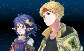 Rule 34 | 1boy, 1girl, ahoge, blonde hair, blue eyes, blue hair, claude c. kenny, closed mouth, crescent, crescent hair ornament, hair ornament, headband, jacket, pointy ears, rattorun, rena lanford, short hair, smile, star (sky), star ocean, star ocean: the second story