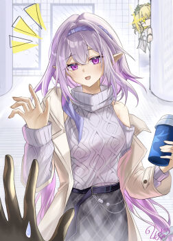 +_+ 1other 2girls aglaea_(honkai:_star_rail) belt blonde_hair blue_hairband brown_coat castorice_(honkai:_star_rail) castorice_(luckin_coffee)_(honkai:_star_rail) clothing_cutout coat commentary_request cowboy_shot cup disposable_coffee_cup disposable_cup fingernails grey_skirt hairband hand_up highres holding holding_cup honkai:_star_rail honkai_(series) long_fingernails long_hair long_sleeves looking_at_viewer morocha1130 multiple_girls notice_lines official_alternate_costume open_clothes open_coat open_mouth peeking pointy_ears pov pov_hands purple_eyes purple_hair shoulder_cutout signature single_bare_shoulder single_off_shoulder skirt smile solo_focus sweatdrop sweater turtleneck turtleneck_sweater very_long_hair waving white_sweater