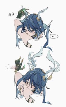 ... 2girls antlers artist_name blue_eyes blue_hair blush cerron_531 commentary_request genshin_impact head_between_thighs hickey highres horns kissing_thigh lauma_(genshin_impact) long_hair multiple_girls nefer_(genshin_impact) simple_background spoken_ellipsis thighs translation_request white_background yuri