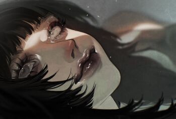 1girl black_hair blank_stare blue_eyes blunt_bangs close-up crack_of_light expressionless highres kasahara_iji light_particles long_hair original solo upper_body wide-eyed