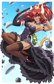 Rule 34 | 1girl, absurdres, animal ears, banzai bill, black dress, black nails, black shoes, bowsette, bracelet, breasts, brown thighhighs, cleavage, collar, covered navel, dark-skinned female, dark skin, dress, fang, garter straps, high heels, highres, jewelry, large breasts, long hair, looking at viewer, mario (series), new super mario bros. u deluxe, nintendo, off-shoulder dress, off shoulder, open mouth, parabomb, pointy ears, ponytail, rabbit ears, red eyes, red hair, shoes, sirknightbot, smile, solo, spiked bracelet, spiked collar, spikes, super crown, tail, thighhighs