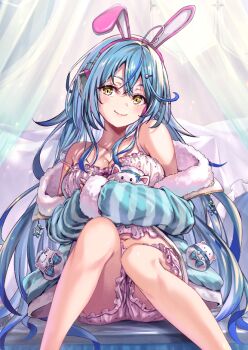 1girl ahoge animal_ear_headphones animal_ears aqua_jacket aqua_nails bare_shoulders blue_hair blush breasts camisole cleavage closed_mouth collarbone commentary_request daifuku_(yukihana_lamy) elf fake_animal_ears feet_out_of_frame fingernails fluffy_clothes fur-trimmed_jacket fur-trimmed_sleeves fur_trim hair_between_eyes hair_ornament headphones heart heart_ahoge hololive jacket large_breasts long_hair looking_at_viewer official_alternate_costume ouka_(ra-raradan) pointy_ears polka_dot polka_dot_camisole polka_dot_skirt sitting skirt sleepwear solo striped_clothes striped_jacket very_long_hair virtual_youtuber white_camisole white_skirt yellow_eyes yukihana_lamy yukihana_lamy_(roomwear) yukimin_(yukihana_lamy)