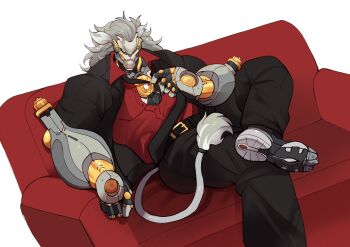 1boy adjusting_clothes adjusting_necktie alternate_costume artificial_eye banyue_(zenless_zone_zero) belt black_jacket black_necktie black_pants clothed_robot commentary commission couch crossed_legs english_commentary grey_hair grey_tail highres humanoid_robot jacket long_hair male_focus mechanical_eye mechanical_hands mechanical_tail metal_skin necktie on_couch open_clothes pants red_shirt robot robot_boy shirt simple_background sitting solo suit_jacket tail weenween420 white_background zenless_zone_zero