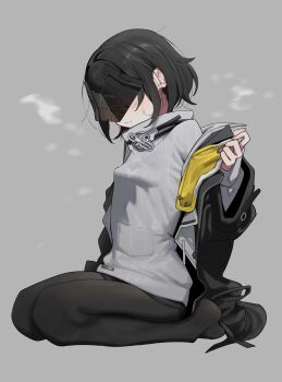 1girl absurdres arknights arknights:_endfield black_hair black_jacket black_mask black_pantyhose breasts closed_mouth endministrator_(arknights) eye_mask female_endministrator_(arknights) grey_background grey_sweater highres jacket kneeling long_sleeves mask open_clothes open_jacket pantyhose short_hair simple_background sitting small_breasts solo steam sweat sweater syhan turtleneck turtleneck_sweater