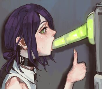 1girl black_choker chainsaw_man choker collared_shirt fellatio green_eyes grenade_pin hair_bun medical_equipment mossacannibalis oral purple_hair reze_(chainsaw_man) shirt simulated_fellatio single_hair_bun sleeveless sleeveless_shirt solo thumbs_up ultraviolet_light white_shirt