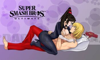 bayonetta bayonetta_(series) bayonetta_1 black_boots black_hair blonde_hair bodysuit boots breasts breasts_out capcom girl_on_top glasses gloves grabbing_another&#039;s_breast groping gun holding holding_another&#039;s_waist holding_gun holding_weapon ken_masters lipstick makeup nintendo nintendo_switch no_shirt non-web_source ponytail skin_tight street_fighter super_smash_bros. weapon
