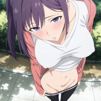 1girl blush breasts censored clothes_pull commentary covered_erect_nipples female_focus from_above jacket looking_at_viewer looking_up mosaic_censoring navel nipples non-web_source outdoors pants pants_pull pink_jacket pov purple_eyes purple_hair pussy shirt solo solo_leveling stomach sung_jin-ah white_shirt