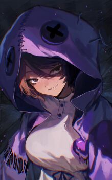 1girl absurdres black_background breasts brown_eyes brown_hair commentary e.g.o_(project_moon) hair_between_eyes heart highres i'll_go_fer_scissors._how_'bout_you?_(e.g.o) iur5021 large_breasts limbus_company looking_at_viewer nail_(hardware) outis_(project_moon) project_moon purple_hood shaded_face smile solo untranslatable_commentary