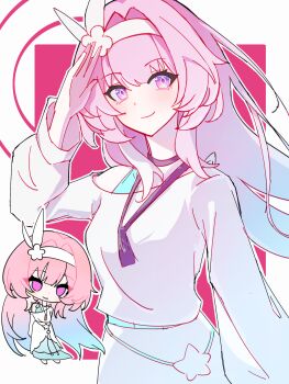 1girl alternate_costume aqua_hair breasts chibi chibi_only chinese_commentary commentary_request cyrene_(honkai:_star_rail) cyrene_(ripples_of_past_reverie)_(honkai:_star_rail) diamond-shaped_pupils diamond_(shape) gradient_hair hairband highres honkai:_star_rail honkai_(series) large_breasts long_hair looking_at_viewer multicolored_hair pink_hair purple_eyes shirt shouhai_zhe_1_hao skirt smile symbol-shaped_pupils two-tone_hair very_long_hair white_hairband white_shirt white_skirt