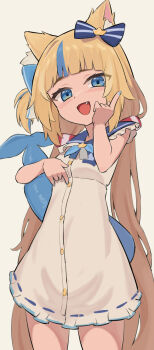 Rule 34 | 1girl, :d, absurdres, animal ear fluff, animal ears, blonde hair, blue bow, blue eyes, blue hair, blue nails, blunt bangs, blush, bow, breasts, cat ears, commentary, cowboy shot, dress, fang, fins, fish tail, frills, hair bow, hair ornament, highres, hsh, index finger raised, indie virtual youtuber, long hair, looking at viewer, multicolored hair, nail polish, open mouth, sailor collar, sailor dress, sameko saba, simple background, sleeveless, sleeveless dress, small breasts, smile, solo, streaked hair, tail, twintails, very long hair, virtual youtuber, white dress
