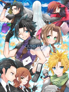 2girls aerith_gainsborough angeal_hewley armor back-to-back bindi black_hair blonde_hair blue_eyes blue_shirt book braid brown_eyes brown_hair buster_sword cellphone chisa_02 cissnei cloud_strife crisis_core:_final_fantasy_vii curly_hair dress envelope everyone final_fantasy final_fantasy_vii fingerless_gloves flip_phone flower formal_clothes genesis_rhapsodos gloves green_eyes green_neckwear helmet highres jacket kunsel lily_(flower) long_hair multiple_boys multiple_girls one_eye_closed phone ponytail red_jacket ribbon sephiroth shirt short_hair shoulder_armor silver_hair spiked_hair square_enix suit suspenders tseng turks_(ff7) turtleneck wavy_hair white_dress wink yellow_flower zack_fair