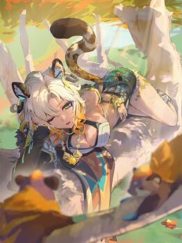 1girl animal_ears bare_shoulders belt blonde_hair blurry blurry_foreground bracelet breasts cleavage commentary_request cutoffs dekalco denim denim_shorts genshin_impact geo_symbol_(genshin_impact) green_eyes hand_on_own_cheek hand_on_own_face high-waist_shorts highres jaguar_ears jaguar_girl jaguar_tail jewelry large_breasts looking_at_viewer lying multiple_bracelets on_branch on_stomach one_eye_closed open_mouth outdoors shorts solo squirrel studded_belt tail tree xilonen_(genshin_impact)