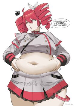 1girl absurdres ahoge alternate_body_size belly belly_grab belt big_belly black_belt breasts buttons commentary double-breasted drill_hair english_commentary english_text fat fat_rolls fat_woman grey_skirt gus_(emmarrgus) hair_between_eyes hand_on_own_stomach highres kasane_teto kasane_teto_(sv) layered_skirt layered_sleeves lips long_sleeves looking_to_the_side medium_breasts mocking navel plump red_eyes red_hair red_skirt red_trim shirt shoulder_belt shoulder_boards simple_background skirt skirt_set solo speech_bubble synthesizer_v thick_thighs thighs twin_drills utau white_background