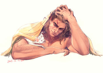 1boy animalization arm_hair asahi_(baiyameng) astarion baldur's_gate bat_(animal) blanket brown_hair chest_hair closed_mouth collarbone commentary dungeons_&amp;_dragons dungeons_&amp;_dragons english_commentary facial_tattoo fangs halsin hand_in_own_hair highres looking_at_another looking_to_the_side male_focus medium_hair nude open_mouth red_eyes sideways_glance simple_background smile tattoo thick_eyebrows white_background white_hair