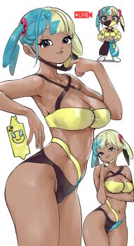 1girl aqua_hair bandeau bare_shoulders bikini black_bikini black_mask blonde_hair blue_bikini blue_eyes blush breasts canari_(pokemon) cleavage collarbone commentary criss-cross_straps dark-skinned_female dark_skin english_commentary gen_4_pokemon highres jacket large_breasts long_sleeves looking_at_viewer mask mask_pull mouth_mask multicolored_hair navel nintendo pants parted_lips pokemon pokemon_legends:_z-a puckered_lips recording rotom rotom_phone short_twintails smile split-color_hair sports_bra stomach sukoyaka_tsukasa swimsuit twintails two-tone_hair two-tone_mask two-tone_pants yellow_bandeau yellow_bikini yellow_jacket yellow_mask yellow_sports_bra
